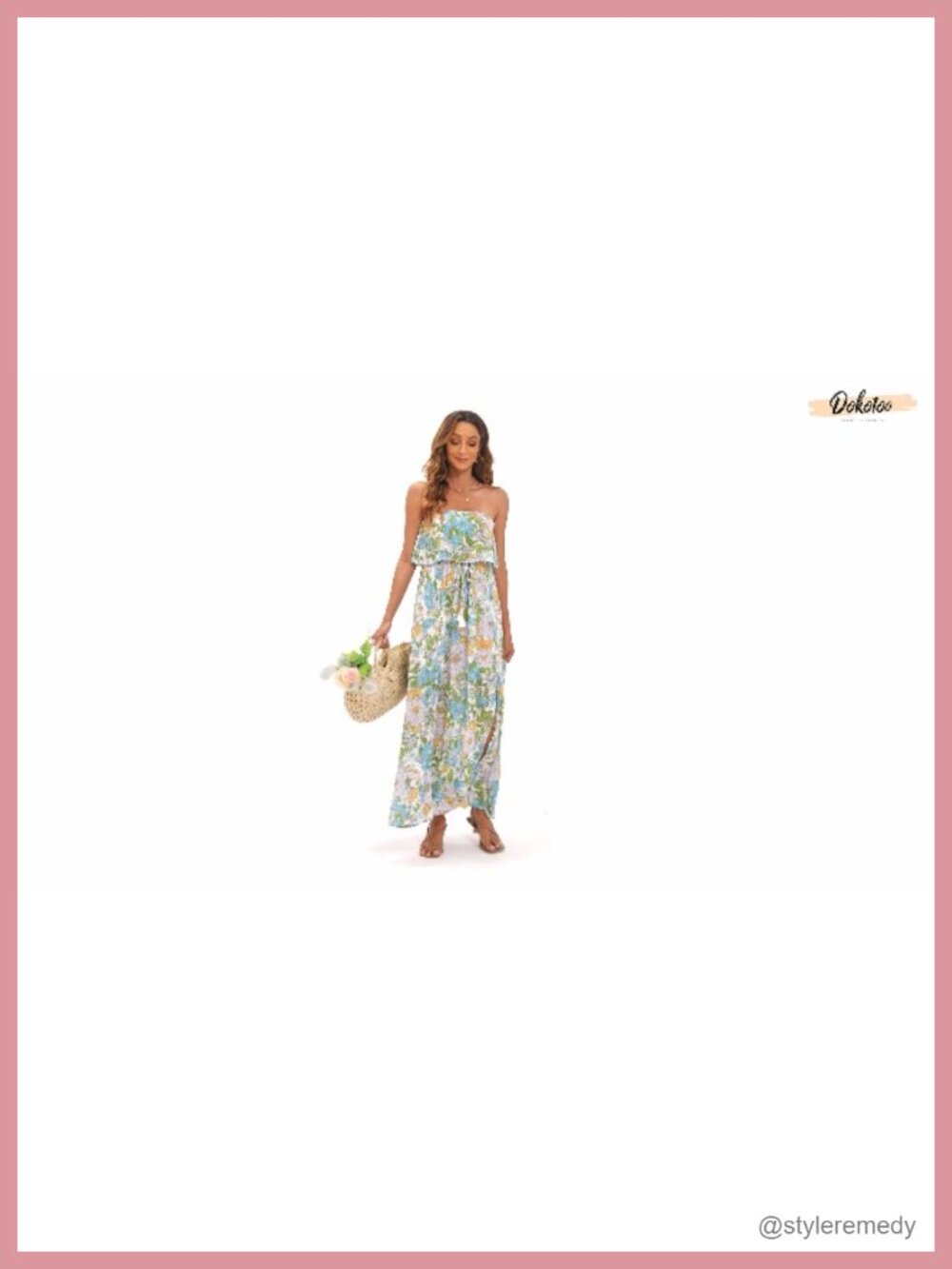 Strapless Boho Maxi Dress Side Split Flowy Casual Summer Beach - Picture 5 of 6